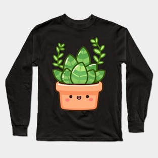 Cute Green Succulent in a Pot | Kawaii Style Houseplant | Cute Kawaii Cactus Art Long Sleeve T-Shirt